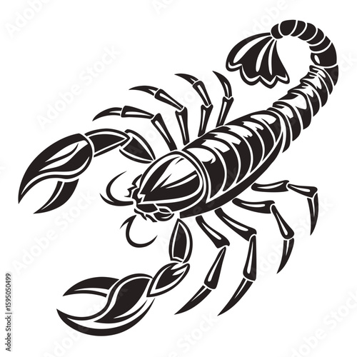 A stylized scorpion is depicted in a black and white illustration