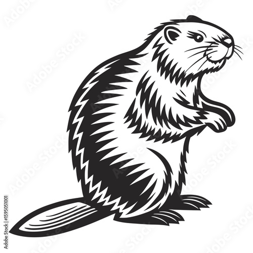 Stylized beaver standing on its hind legs, black and white