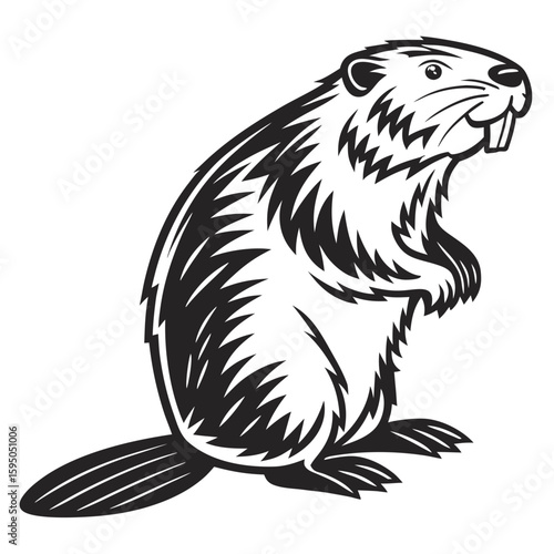 Stylized beaver with prominent teeth, black and white illustration
