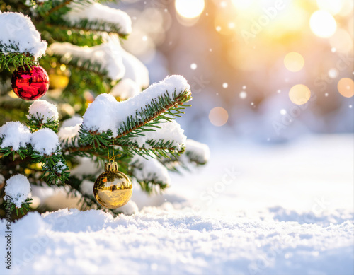 Festive christmas tree decoration winter wonderland photograph snowy landscape close-up view holiday spirit