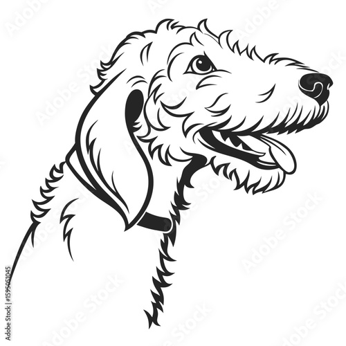 Closeup portrait of a cute dogs head, black and white illustration