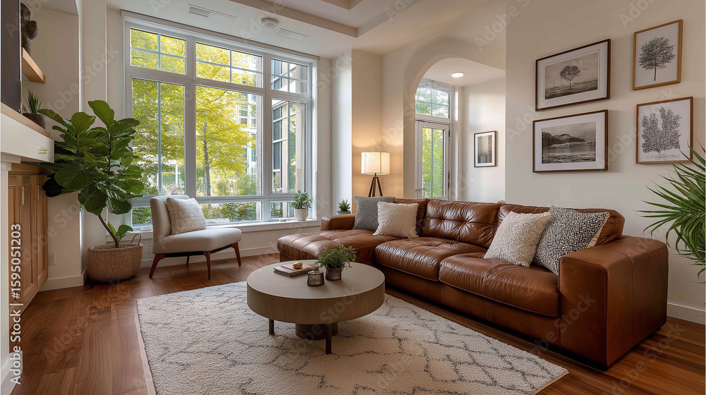 Obraz premium Elegant and cozy living room interior with a brown leather sofa and natural light showcasing a
