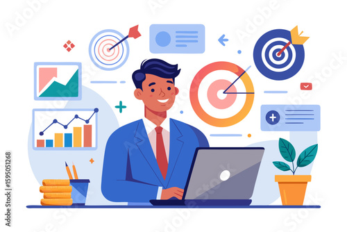 Businessman working on laptop with financial charts and targets