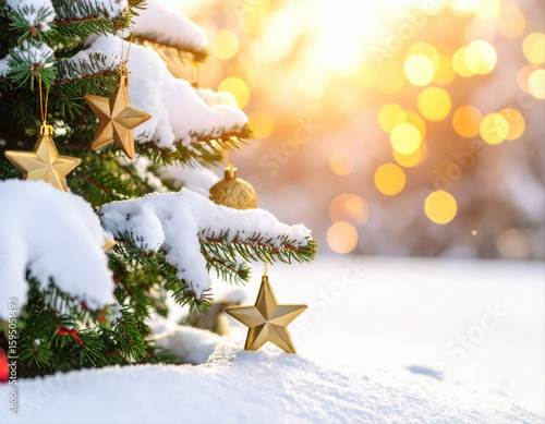Winter wonderland celebration christmas tree outdoor scene sunset glow festive atmosphere nature's beauty