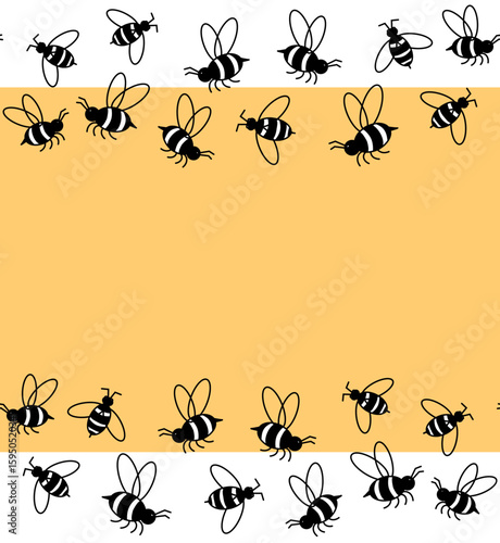 bee honey Horizontal seamless border frame template. Vector graphic line illustration. wreath frame with honey bee, bumble bee sea buckthorn. For logo, web, package, sticker.