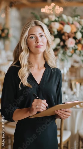 medium shot, female wedding planner organizing event details with clipboard, elegant venue, floral arrangements, poised and organized