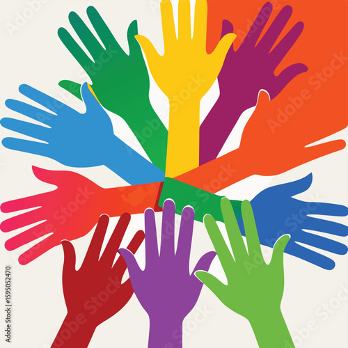 Group of colorful hands in a circle, symbolizing unity and collaboration