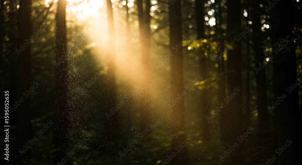 Fototapeta premium Golden Hour Sunlight Dust Motes in Dark Forest, Magical, Atmospheric Background