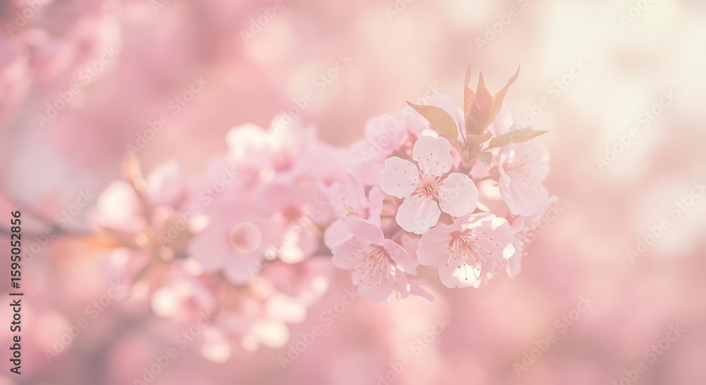 Obraz premium Soft Pink Blossom Branch, Delicate Spring Flowers, Gentle Sunlight, Dreamy Pastel Background