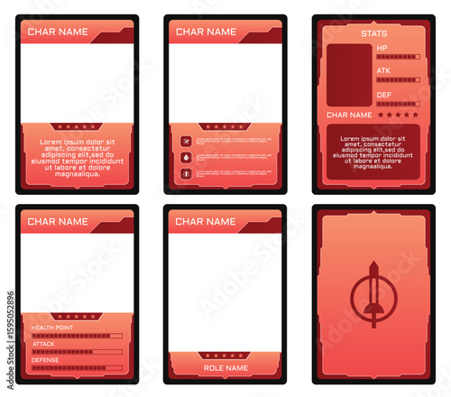 Professional Vector Game UI Kit: Customizable Card Templates for RPG & Sci-Fi Games, with red color combination