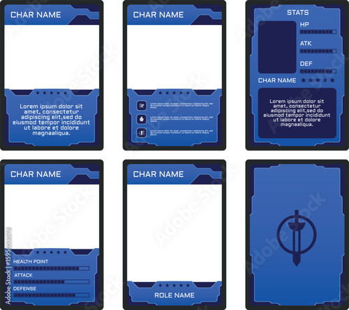 Professional Vector Game UI Kit: Customizable Card Templates for RPG & Sci-Fi Games, with blue color combination