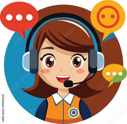 Cheerful cartoon customer support agent with chat bubbles and headset on