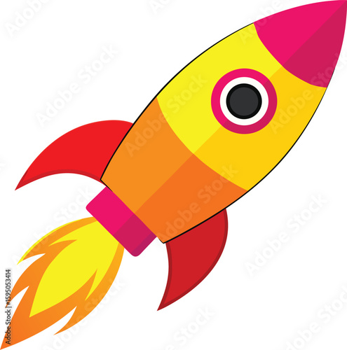 Stylized colorful rocket ship ascending with flame trail, vector illustration