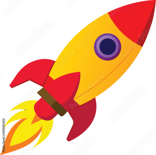 Cartoon rocket ship with bright colors taking off into the cosmic sky.