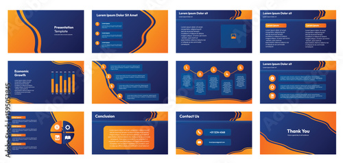 Modern Business Presentation Template Design with Abstract Blue and Orange Waves, Corporate Slides for Marketing, Finance, and Economic Growth Reports