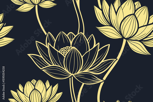 Golden lotus flowers seamless pattern floral botanical