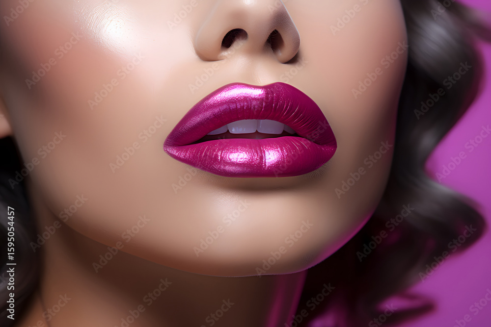 Obraz premium Bold and vibrant lipstick gleams on full lips in close-up shot during fashion event