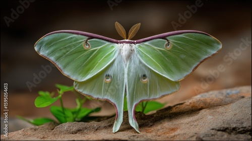 Beautiful luna moth on rock