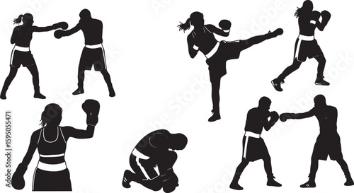 Boxing and Kickboxing Fighter Silhouettes Set