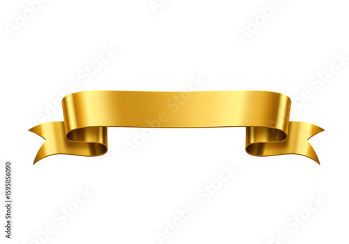 Curved gold ribbon banner with dimensional perspective and lustrous metallic surface creating elegant decorative element, isolated on white or transparent background. PNG
