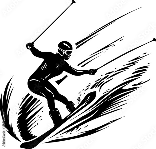 Water Skiing Silhouette Vector Illustration on Waves