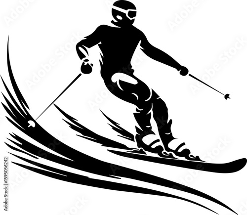 Water Skiing Silhouette Vector Illustration on Waves