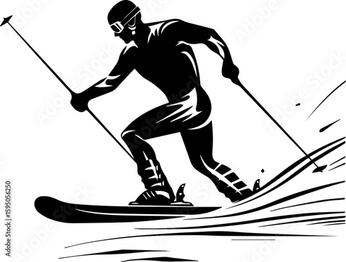 Water Skiing Silhouette Vector Illustration on Waves