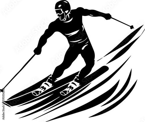 Water Skiing Silhouette Vector Illustration on Waves