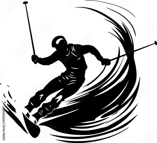 Water Skiing Silhouette Vector Illustration on Waves