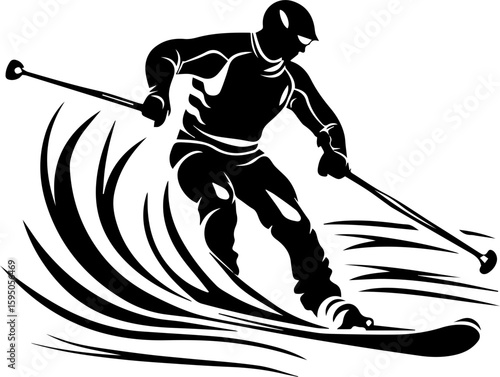 Water Skiing Silhouette Vector Illustration on Waves