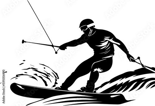 Water Skiing Silhouette Vector Illustration on Waves