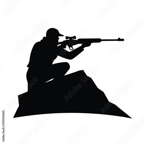 Sniper aiming from hilltop vector silhouette