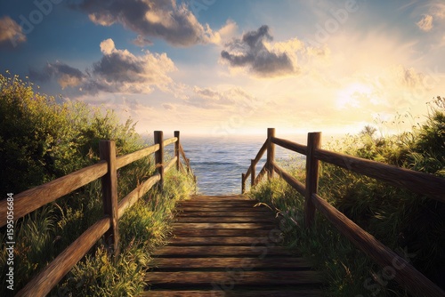 Wooden path leading to the ocean at sunset