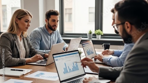 Wallpaper Mural Business Team Collaborating on New Project with Laptop in Modern Office Torontodigital.ca