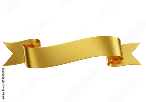 Elegant curved gold ribbon banner with metallic shine and dimensional depth, perfect for festive, award, or celebratory designs. Isolated on white or transparent background. PNG