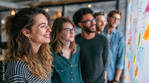 Team Looking at Ideas on Whiteboard During Brainstorming Session