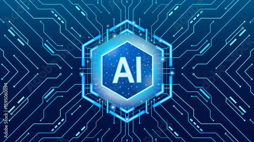 Futuristic quantum AI processor chip with glowing hexagonal HUD interface on blue digital circuit board background, hi-tech artificial intelligence concept with neon light and data flow visualization