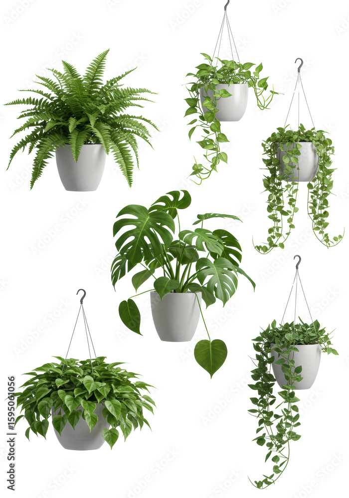 Fototapeta premium Five lush green hanging potted plants including Boston fern, Monstera Adansonii with fenestrations, trailing Pothos, and Peperomia, in minimalist white pots, isolated on a transparent background with