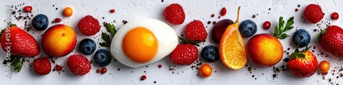 Vibrant Array of Fresh Fruits and Egg on Textured White Background with Black Specks