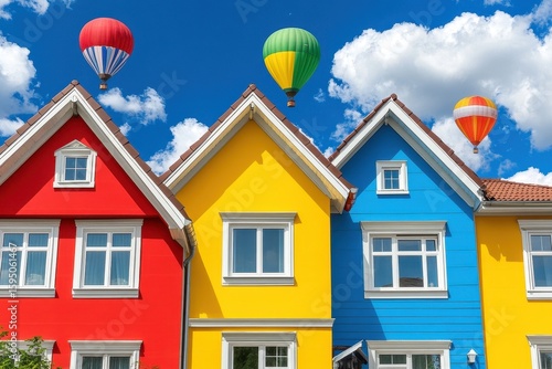 Vibrant Colorful Houses and Hot Air Balloons Under a Sunny Sky