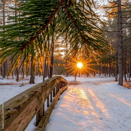 Winter Sunset in a Snowy Pine Forest, Sunlight Rays Through Trees, Wooden Bridge Path