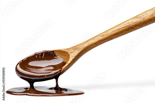Wooden Spoon with Decadent Dark Chocolate Sauce Drizzling on White Background