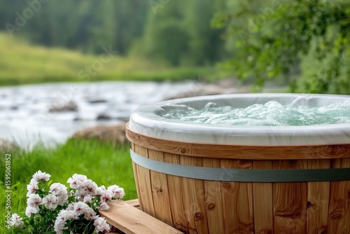 Wooden Hot Tub Overlooking Green River and White Flowers in a Serene Outdoor Setting