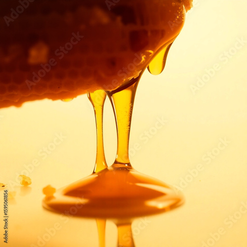 Golden honey dripping in slow motion from wooden dipper for food theme  
