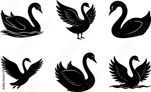 Collection of elegant swan bird black silhouette vector illustration