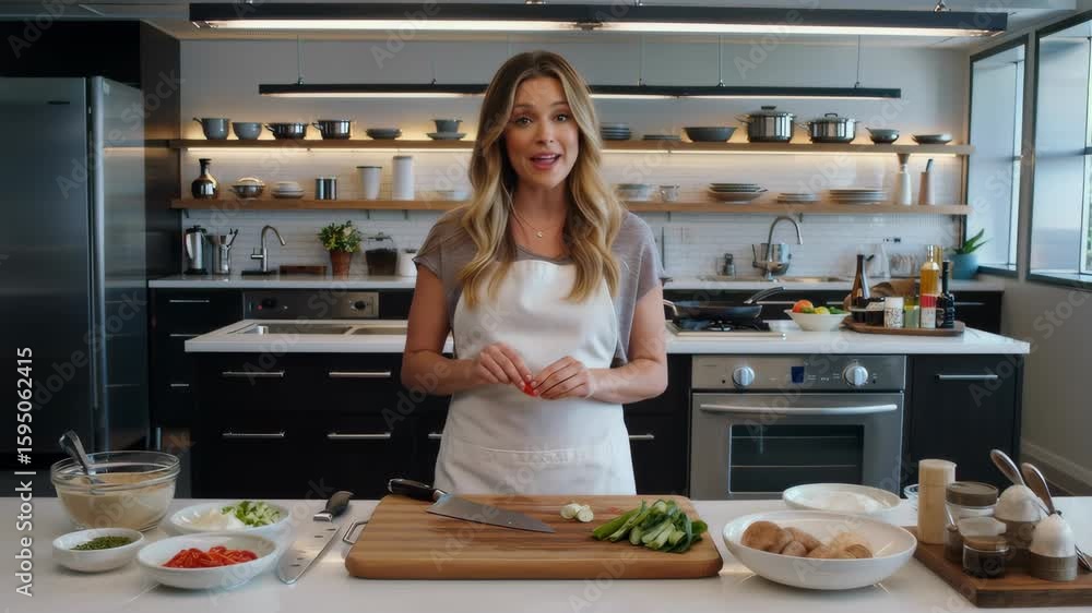 A woman stands in a modern kitchen, demonstrating cooking techniques with ingredients.