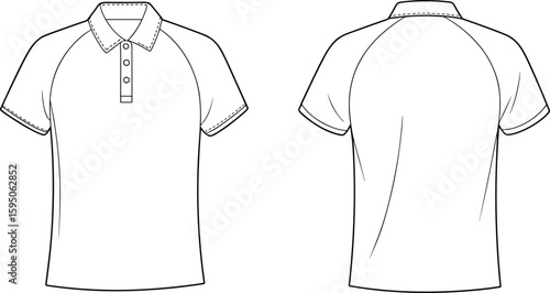 Polo shirt fashion flat sketch front and back view, short sleeve raglan style design template for clothing apparel mockup