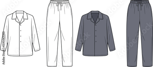 Men's pajama set flat sketch front view, button-up top and drawstring pants, fashion technical drawing for sleepwear apparel design