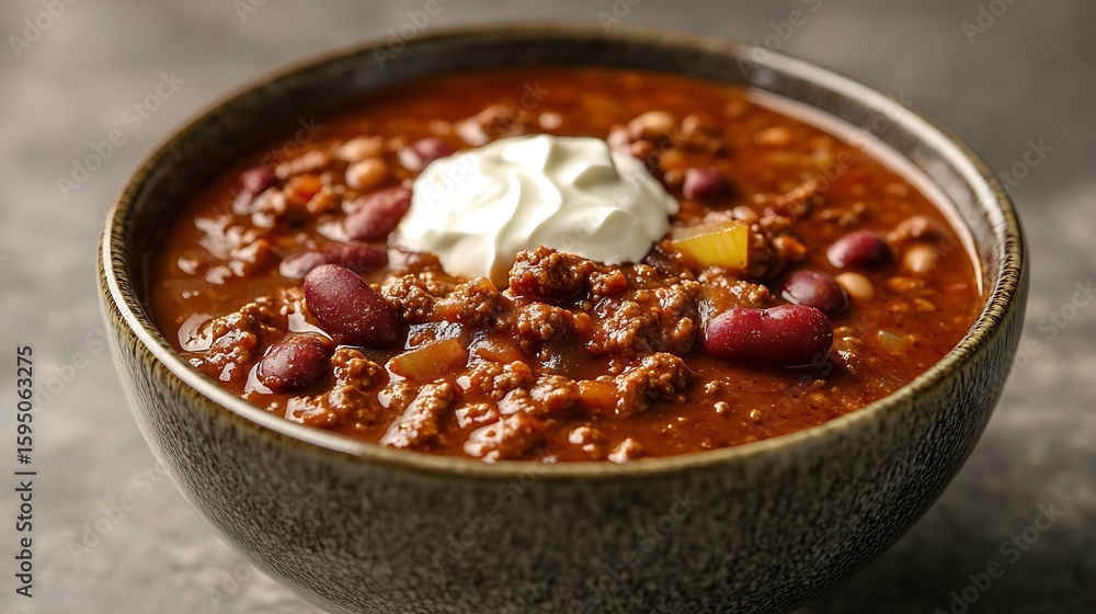 Hearty Chili with Beans and Sour Cream in a Ceramic Bowl Hearty Chili with Beans and Sour Cream in a Ceramic Bowl