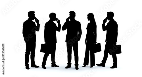 Five black silhouettes of business people talking on phones white